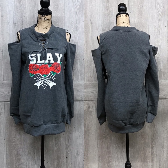 Back2Basics Tops - Slay Rock and Roll Cold Shoulder Sweatshirt A6